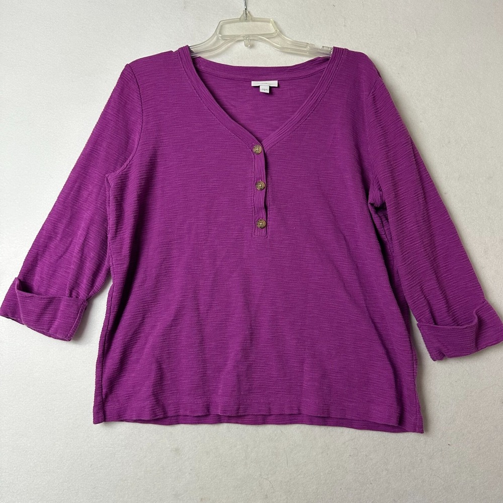 J. Jill Purple Cotton Slub Knit Henley Top 3/4 Sleeve V-Neck Womens Large